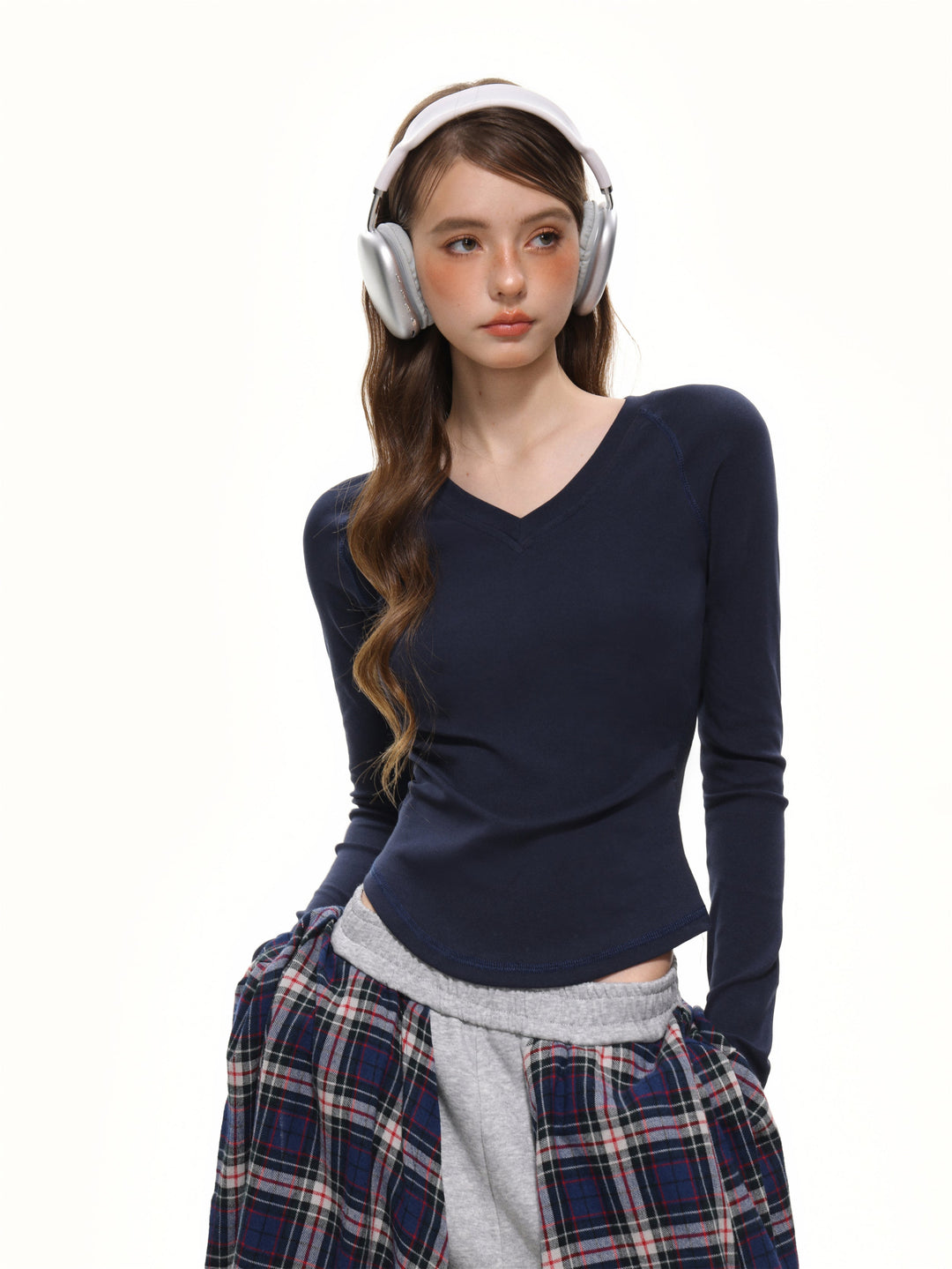 Dame V-hals Langermet T-skjorte Slim Fit