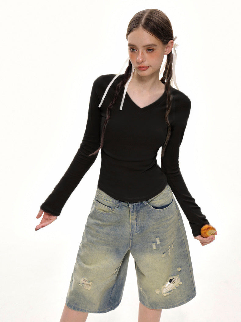 Dame V-hals Langermet T-skjorte Slim Fit