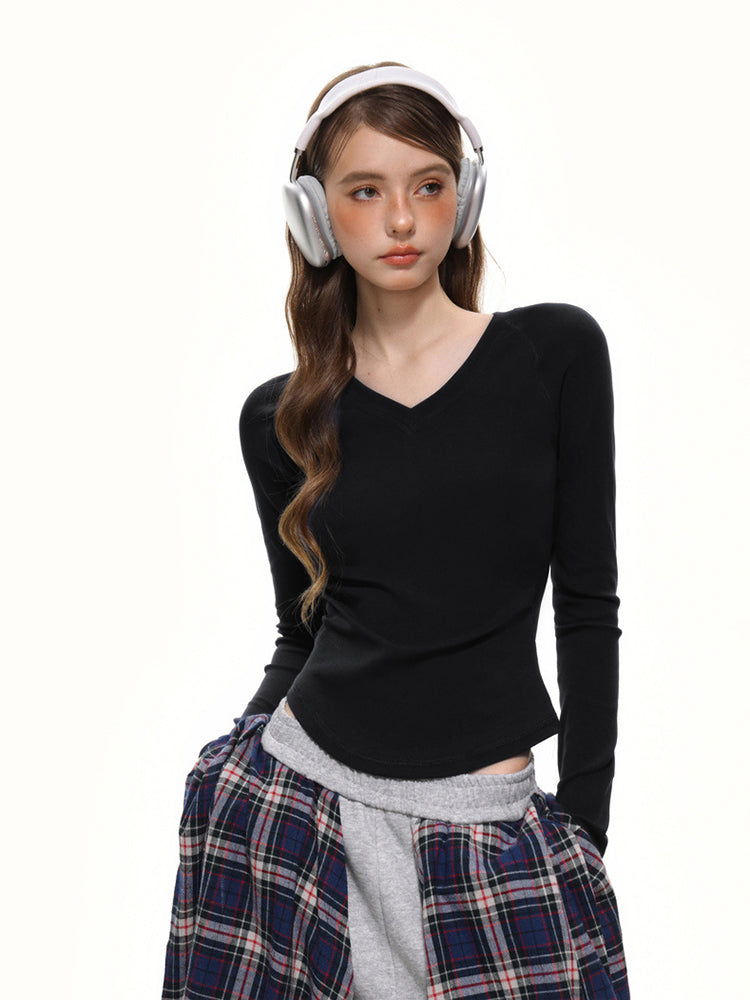Dame V-hals Langermet T-skjorte Slim Fit