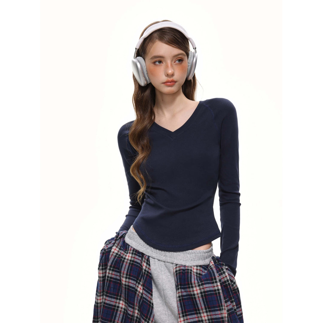 Dame V-hals Langermet T-skjorte Slim Fit