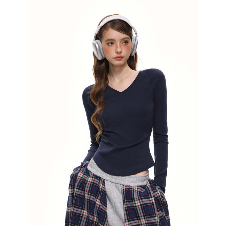 Dame V-hals Langermet T-skjorte Slim Fit