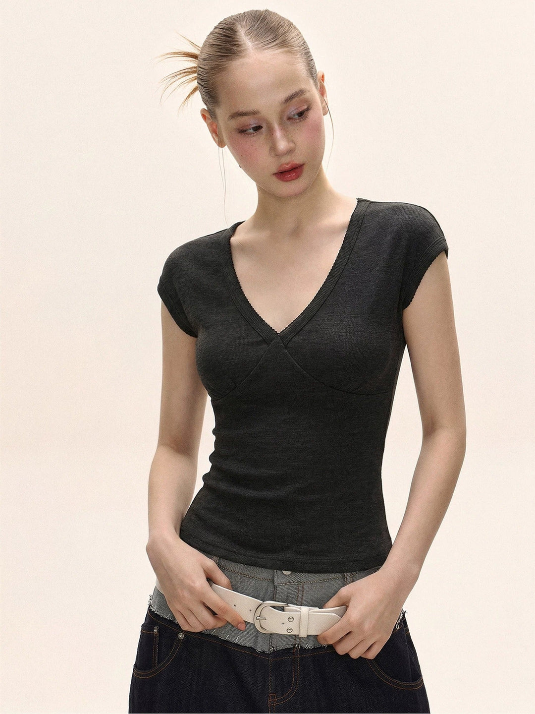 Dame V-hals Kortsleeve T-skjorte Enfarget Slim Fit