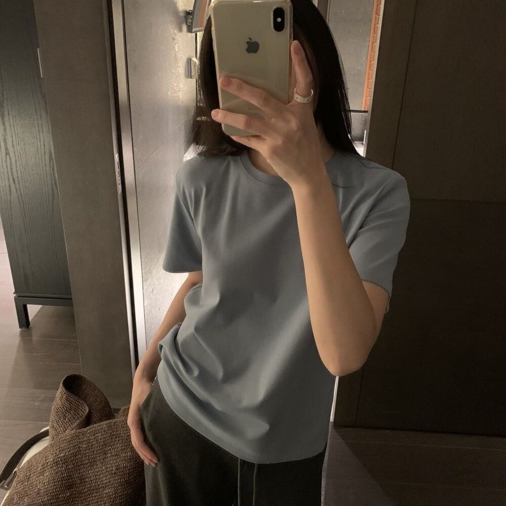 Dame Rund hals Korte ermer T-skjorte Ensfarget Slim Fit